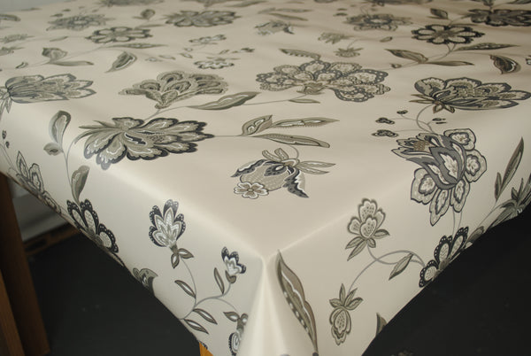 Jacobean Floral Grey PVC Vinyl Wipe Clean Tablecloth  120cm x 140cm Warehouse Clearance