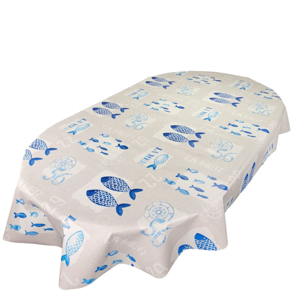 Oval La Mer Seaside Fish Blue Wipe Clean PVC Vinyl Tablecloth 200cm x 140cm