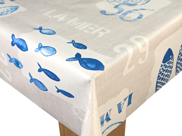 Fishy Fish La Mer Blue and Beige PVC Vinyl Tablecloth 20 Metres x 140cm