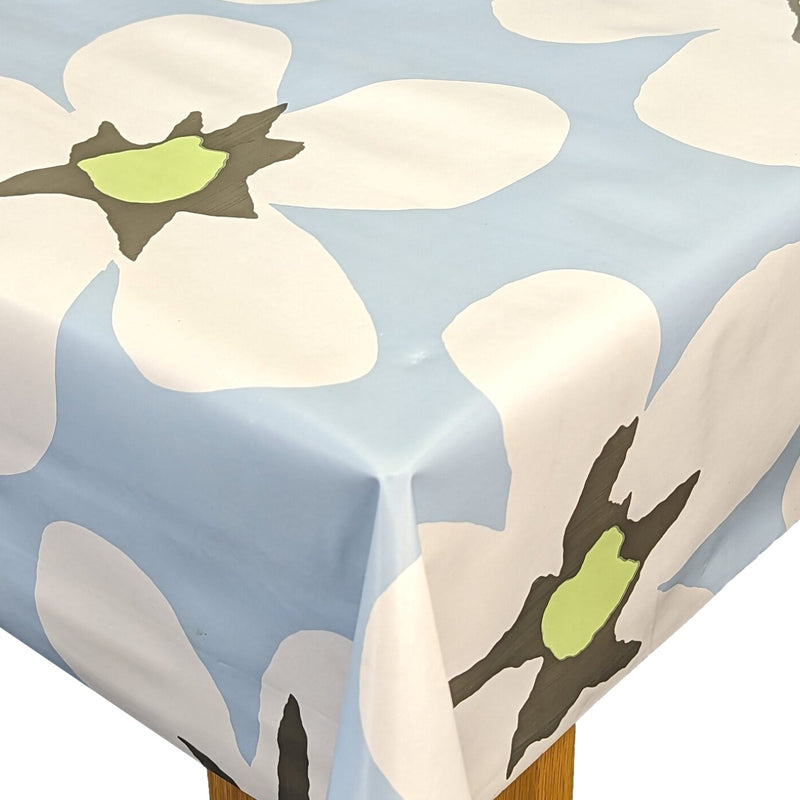 Large Flowers on Blue Vinyl Tablecloth