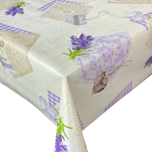 Lavender Hearts on Beige Wood PVC Vinyl Wipe Clean Tablecloth  140cm x 140cm Warehouse Clearance