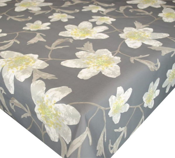 Layla Grey Floral PVC Vinyl Wipe Clean Tablecloth 140cm x 140cm Warehouse Clearance
