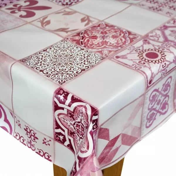 Lisbon Tiles Pink PVC Vinyl Wipe Clean Tablecloth 240cm x 140cm Warehouse Clearance