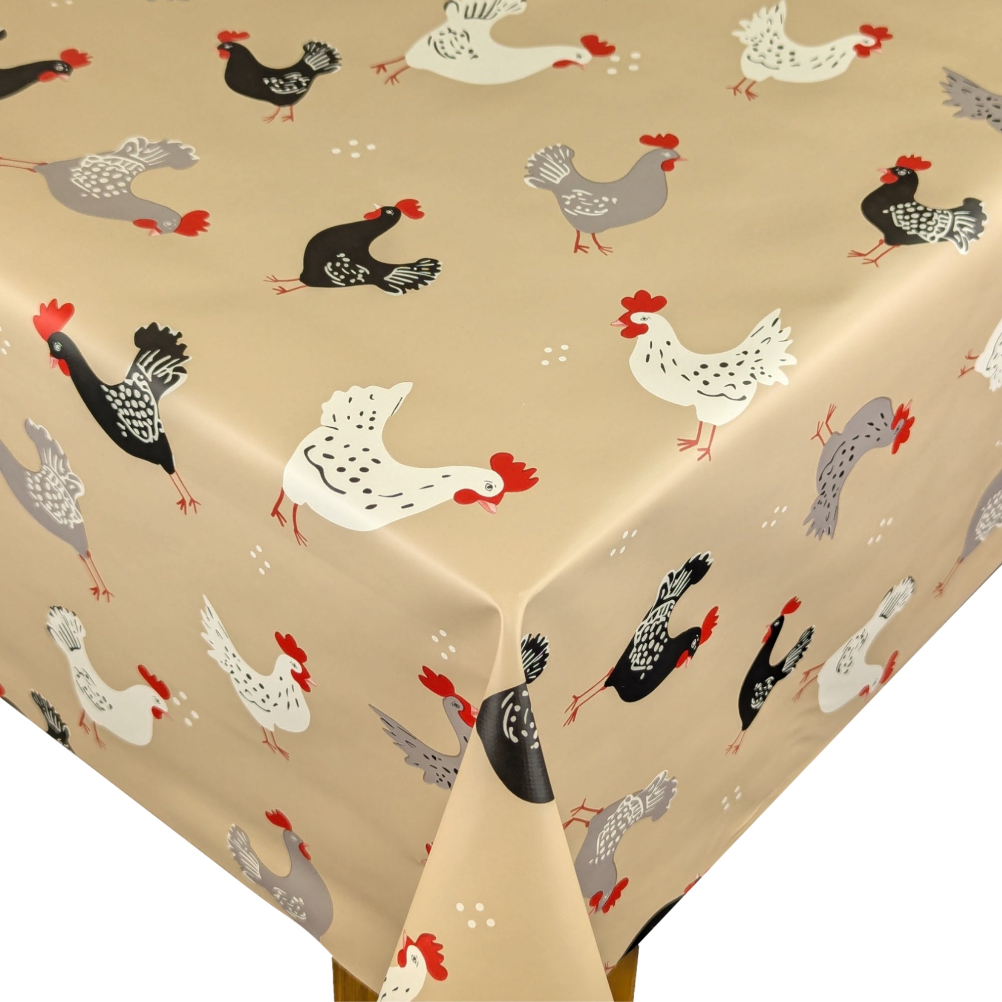 Playful Chicken Taupe Vinyl Oilcloth Tablecloth - Wipe Clean ...