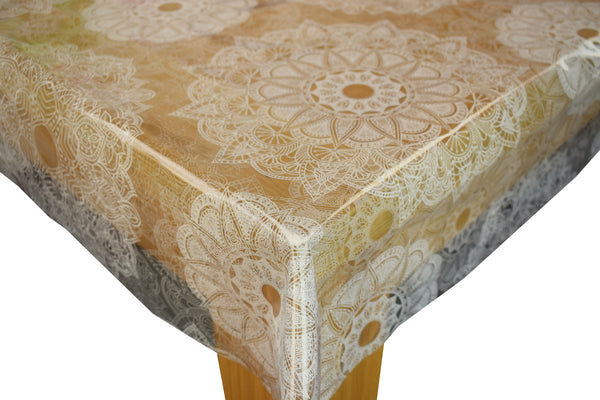 Mandala White on Clear PVC Vinyl Wipe Clean Tablecloth  180cm x 140cm Warehouse Clearance