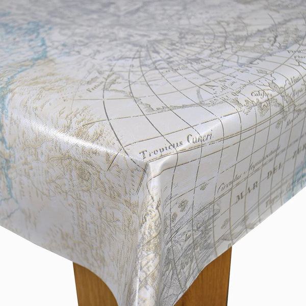 Maps of the World Duckegg Vinyl Tablecloth 10 Metres x 140cm- misprinted- Warehouse Clearance