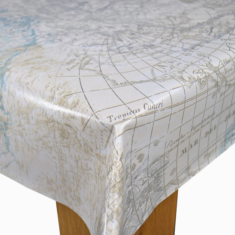 Maps of the World Duckegg Vinyl Tablecloth 10 Metres x 140cm- misprinted- Warehouse Clearance