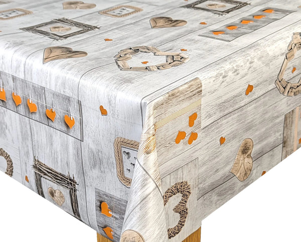 Orange Hearts Grey Wood PVC Vinyl Wipe Clean Tablecloth 220 x 140cm Warehouse Clearance