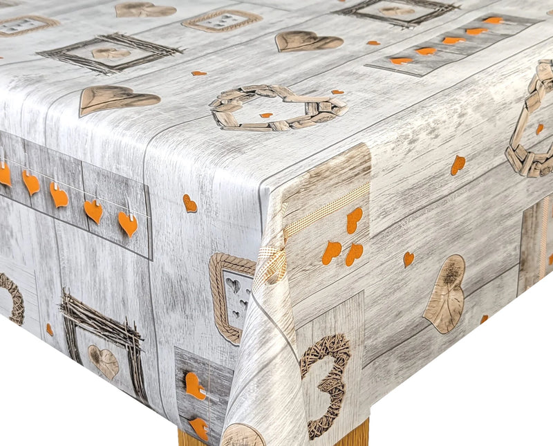 Orange Hearts Grey Wood PVC Vinyl Wipe Clean Tablecloth 220 x 140cm Warehouse Clearance