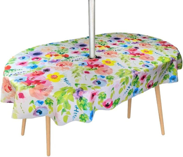 OVAL 180cm x 140cm Bright Multi Floral  with PARASOL PVC Vinyl Wipe Clean Tablecloth  Warehouse Clearance