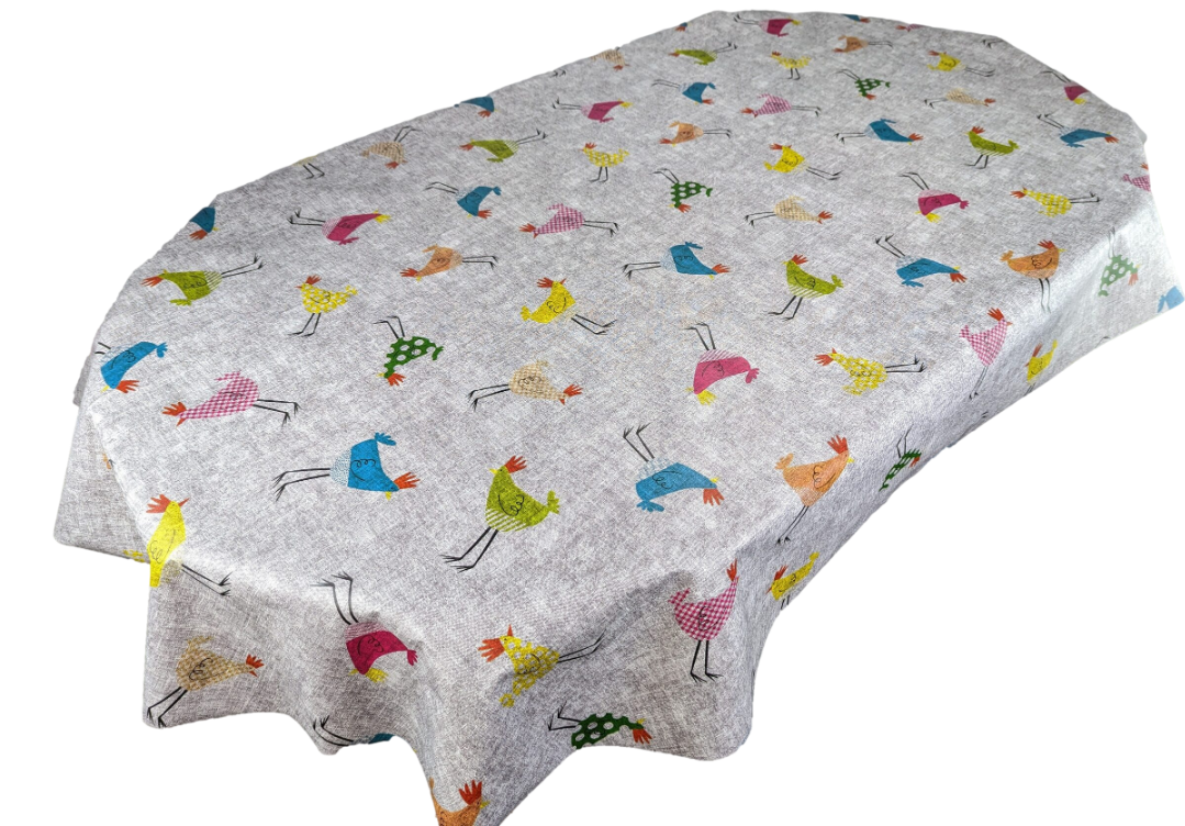 Oval Chickens Grey Linen Look Wipe Clean PVC Vinyl Tablecloth 250cm x