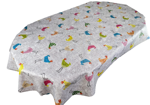 Oval Chickens Grey Linen Look Wipe Clean PVC Vinyl Tablecloth  250cm x 140cm