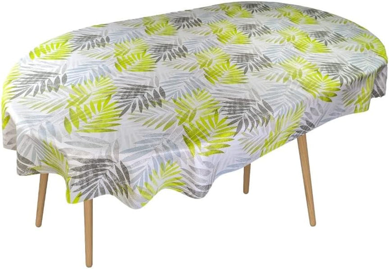 Oval Wipe Clean Tablecloth Vinyl PVC 200cm x 140cm Exotic Palm Leaves Grey and Green