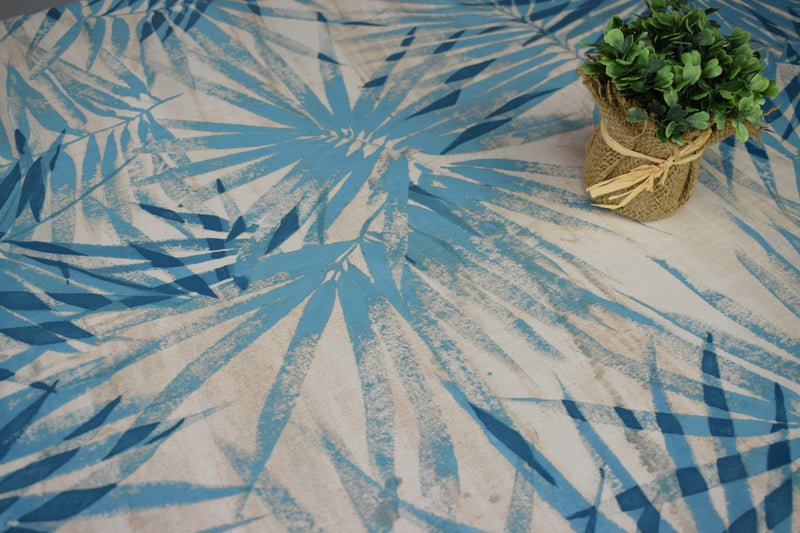 Palm Leaves Blue PVC Vinyl Tablecloth Roll 20 Metres x 140cm
