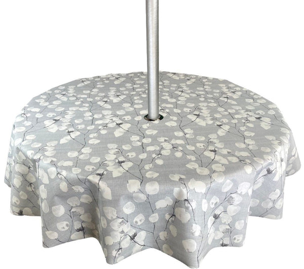Honesty Grey Floral Leaf Tablecloth with Parasol Hole Wipe Clean Tablecloth Vinyl PVC Round 138cm