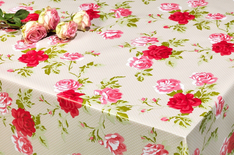 Pink Roses on Taupe Polka Dot Vinyl Tablecloth