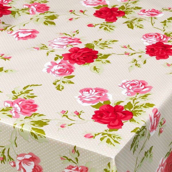 Pink Roses on Taupe Polka Dot Vinyl Tablecloth