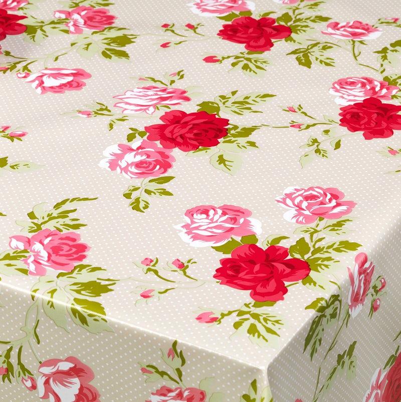 Pink Roses on Taupe Polka Dot Vinyl Tablecloth