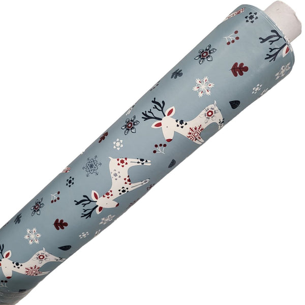 Christmas Scandi Reindeer Blue Vinyl Tablecloth Roll 20 Metres x 140cm