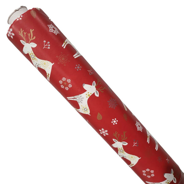 Christmas Scandi Reindeer Red Vinyl Tablecloth Roll 20 Metres x 140cm