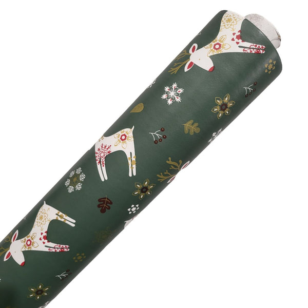 Christmas Scandi Reindeer Green Vinyl Tablecloth Roll 20 Metres x 140cm