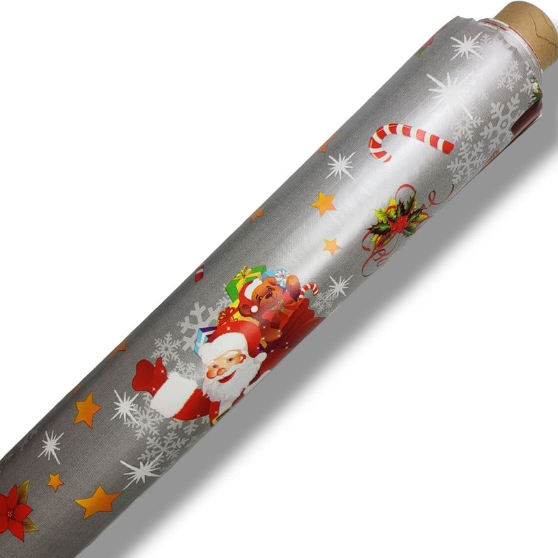 Jolly Santa Claus Christmas Silver PVC Vinyl Tablecloth 20 Metres x 140cm Full Roll