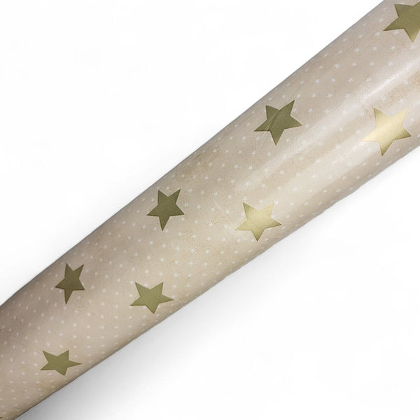 Large Gold Stars on Beige Dotty Vinyl Tablecloth Roll 20 Metres x 140cm Full Roll