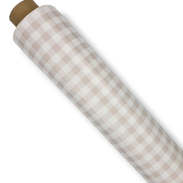 Beige and White Mini Check Gingham PVC Vinyl Tablecloth Roll 20 Metres x 140cm Full Roll