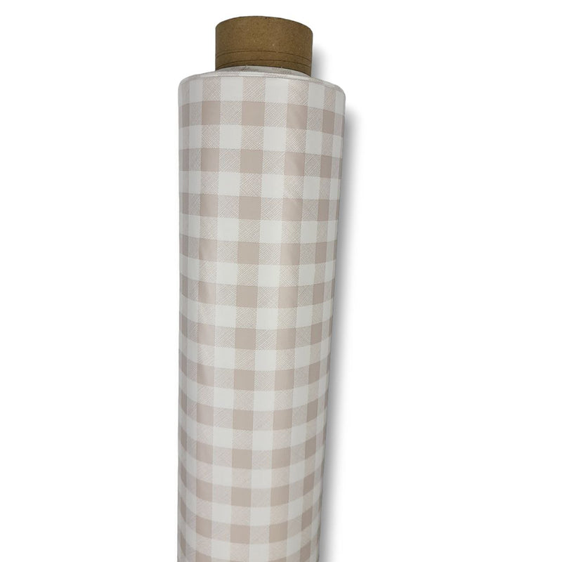 Beige and White Mini Check Gingham PVC Vinyl Tablecloth Roll 20 Metres x 140cm Full Roll