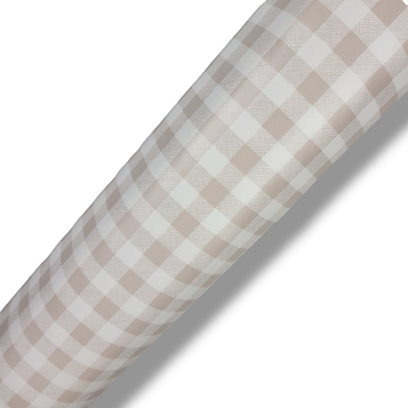 Beige and White Mini Check Gingham PVC Vinyl Tablecloth Roll 20 Metres x 140cm Full Roll