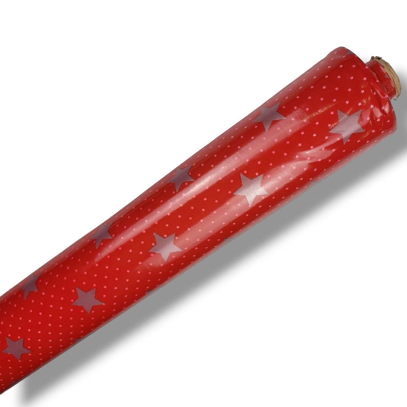 Christmas Stars on Small Stars Red Vinyl Tablecloth Roll 20 Metres x 140cm Full Roll