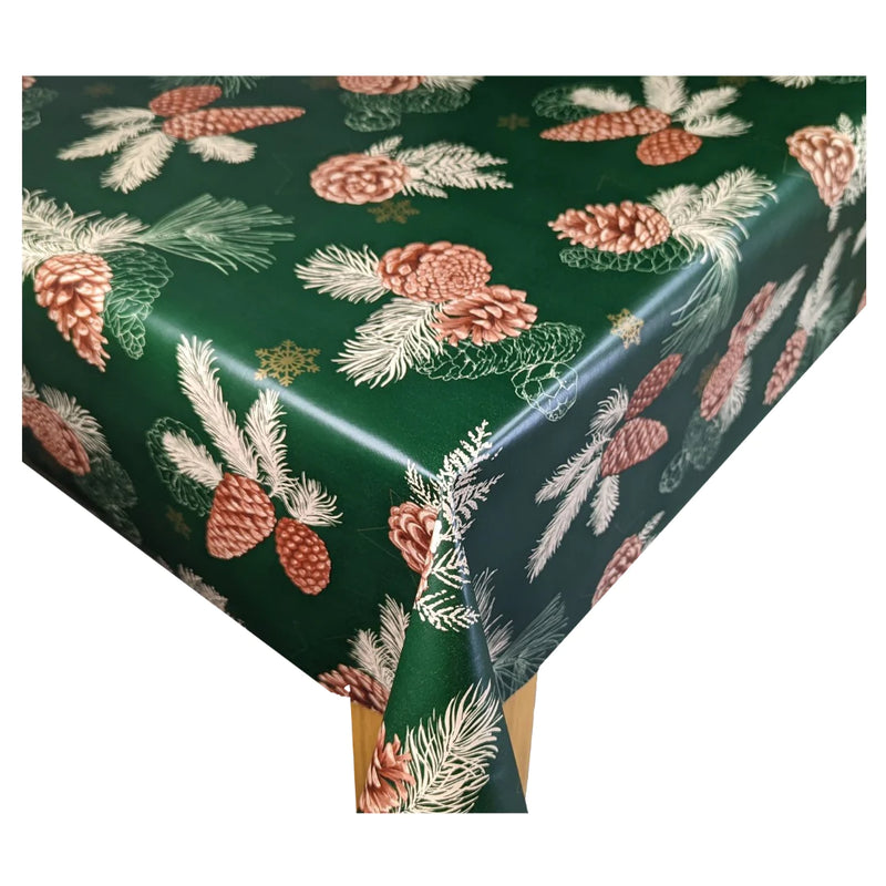 Pine Cones Green Vinyl Oilcloth Tablecloth 140cm x 140cm   -  Christmas Warehouse Clearance