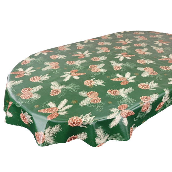 Oval Christmas Pine Cones Green Wipe Clean PVC Vinyl Tablecloth 200cm x 140cm