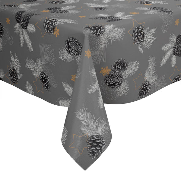 Grey Pine Cones Grey Christmas PVC Vinyl Wipe Clean Tablecloth 250cm x 140cm Warehouse Clearance