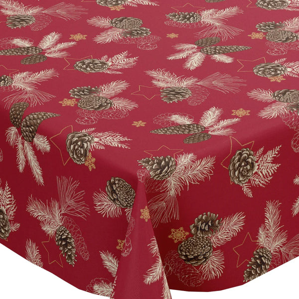 Christmas Pine Cones Red Vinyl Oilcloth Tablecloth 100cm x 140cm   - Warehouse Clearance