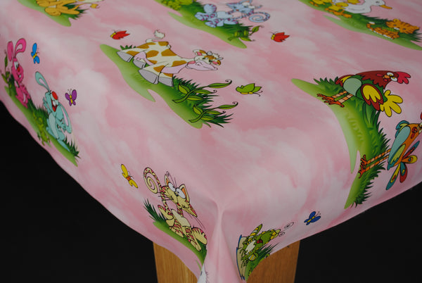 Pink Animal Childrens Nursery Print  PVC Vinyl Tablecloth 20 Metres Roll