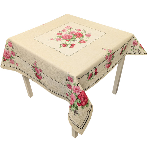 Pink Roses on Cream Border Tablecloth Panel PVC Vinyl Wipe Clean 118cm x 140cm Warehouse Clearance Sample