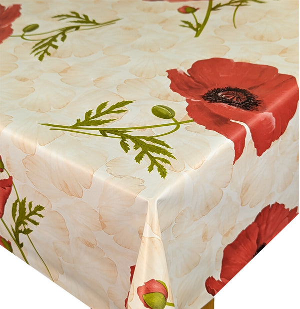 Poppies and Leaves on Cream PVC Vinyl Tablecloth 20 Metres