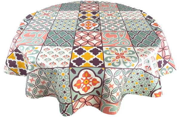 Porto Tiles Multi PVC Vinyl Wipe Clean Tablecloth Round 140cm- Warehouse Clearance