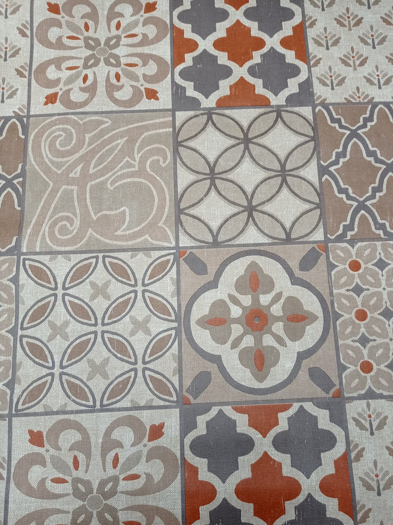 Porto Tiles Taupe Orange Grey PVC Vinyl Wipe Clean Tablecloth ROUND 138cm- Warehouse Clearance