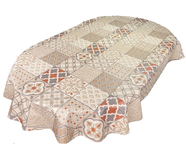 Oval Porto Tiles Orange Taupe Wipe Clean PVC Vinyl Tablecloth  300cm x 140cm