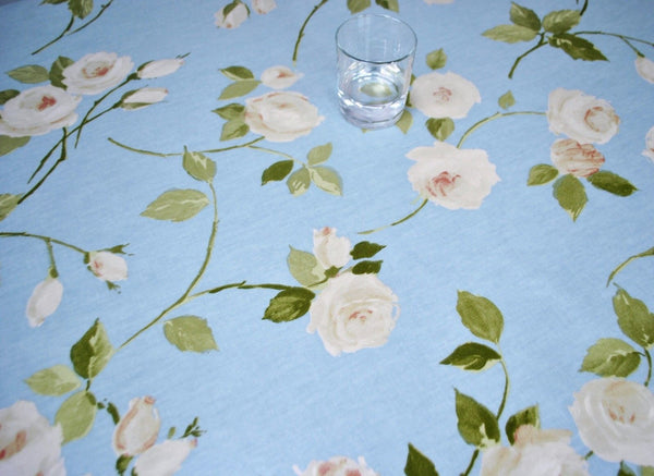 Rose Garden Powder Blue Oilcloth Tablecloth 65cm x 132cm - Warehouse Clearance