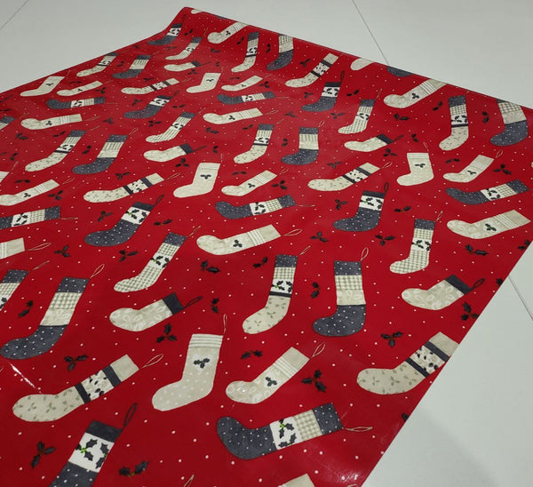 Christmas Stockings Red Grey Oilcloth Table Cloth 200cm x 132cm    - Warehouse Clearance