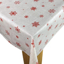 Festive Red Snowflakes Beige Linen Vinyl Oilcloth Tablecloth 140cm x 140cm   -  Christmas Warehouse Clearance