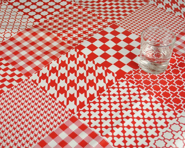 Red Checks Patchwork Squares PVC Vinyl Wipe Clean Tablecloth  260cm x 140cm Warehouse Clearance