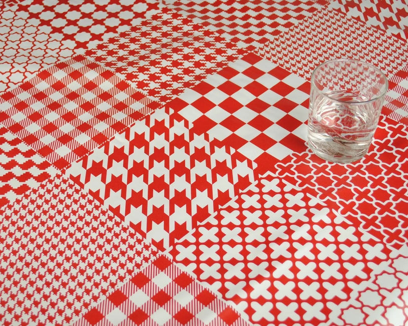 Red Checks Patchwork Squares PVC Vinyl Wipe Clean Tablecloth  260cm x 140cm Warehouse Clearance
