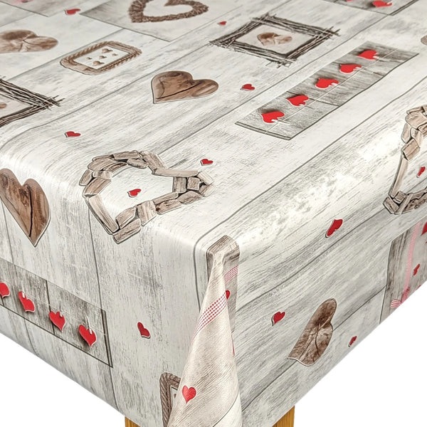 Red Hearts on Grey Wood  PVC Vinyl Wipe Clean Tablecloth  130cm x 140cm Warehouse Clearance