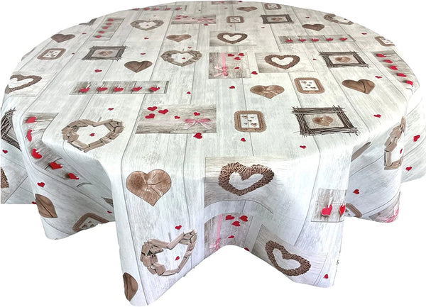 Red Hearts on Grey Wood Vinyl Oilcloth Tablecloth ROUND 138cm  - Warehouse Clearance