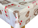 Red Hearts on Taupe Wood Vinyl Oilcloth Tablecloth  180cm x 140cm - Warehouse Clearance
