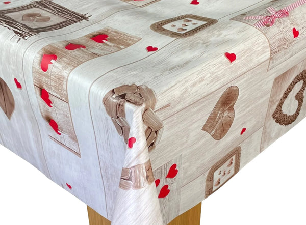 Red Hearts on Taupe Wood Vinyl Oilcloth Tablecloth  100cm x 100cm - Warehouse Clearance
